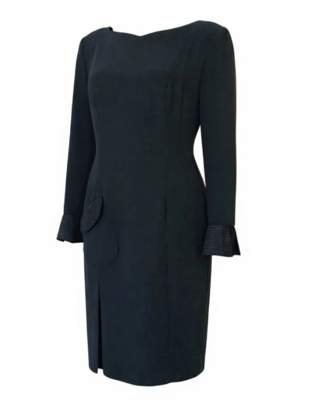 Vintage 1980s Bill Blass Black Sculptural Cuff & Pocket Sheath Dress - Size 8